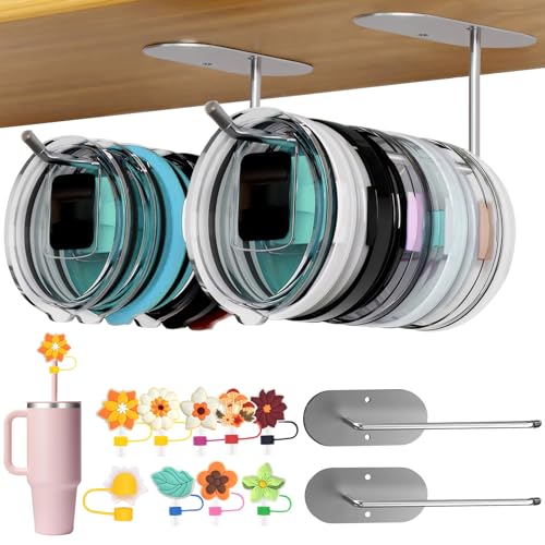 Qoosea 2PCS Tumbler Lids Organizer & 9PCS Straw Toppers for Tumbler Stanley Yeti Cup Lids Organizer Lid Holder Hook for Kitchen Organizers and Storage Silver