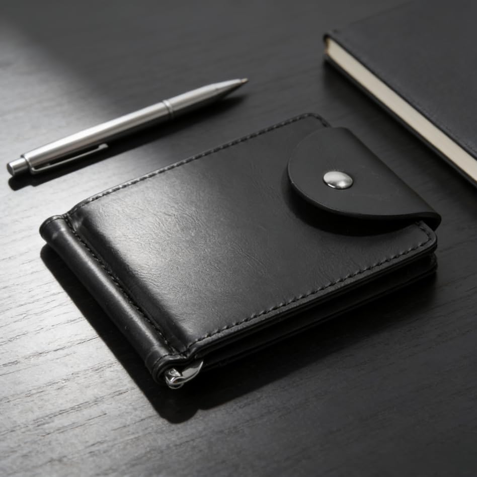 Slim Wallet for Men, Stylish Buckle Men’s Wallets with ID Window and Rear Card Slot Front Pocket Wallets for Men, Black, Simple