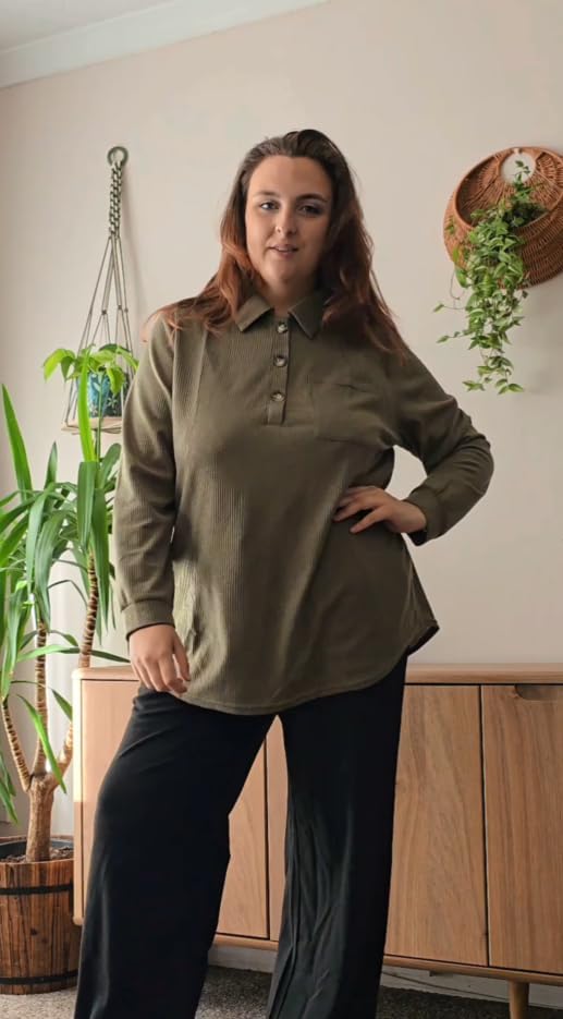 RITERA Plus Size Womens Waffle Knit Tops V Neck Henley Shirts Button up Blouse Long Sleeve Long Tunic Top - Image 3