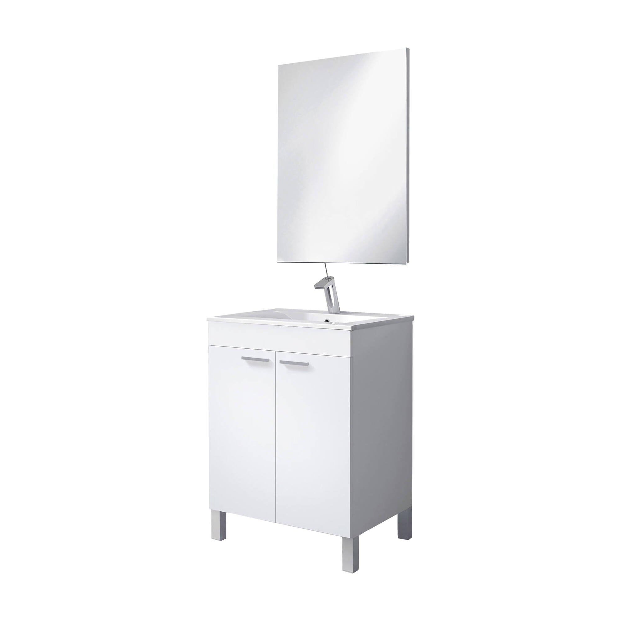 Dmora - Mobile sotto lavabo NewYork, Mobiletto per bagno, Armadio a 2 ante con specchio, 60x45h80 cm, Bianco lucido