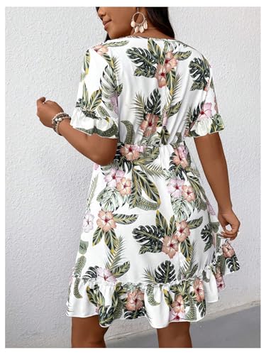Image of SOLY HUX Women's Plus Size Boho Floral Print Short Sleeve Dress Ruffle Hem V Neck Short Dresses