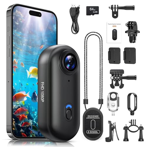 Poat Action Camera Mini Pov Camera for vlogging IPX7 Waterproof Body Camera with 120 Wide Angle POV Recording for Diving 10+ Accessories Helmet Cam for Motorcycle Cycling (64G-Card)