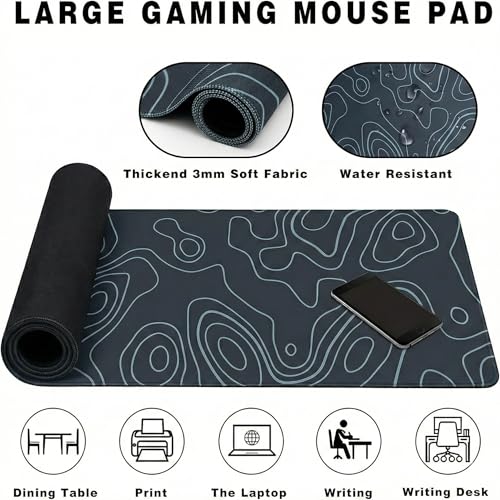 Image of Saco XXL Gaming Mouse Pad for PC - Large Desk Mat 900x400x3mm, Extended Non-Slip Rubber Base, Waterproof Surface, Topographics Design, Big Keyboard Mouse Pad for Office & Home Setup