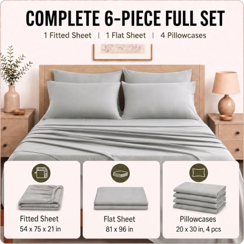 Image of CozyLux 6-Piece Full Size Bed Sheets, Fits 18-21 Inch Mattresses, Oeko-TEX | 4 Pillowcases, 1 Flat Sheet and 1 Fitted Sheet with All-Around Elastic and 21-Inch Deep Pocket for a Secure Fit, Light Grey