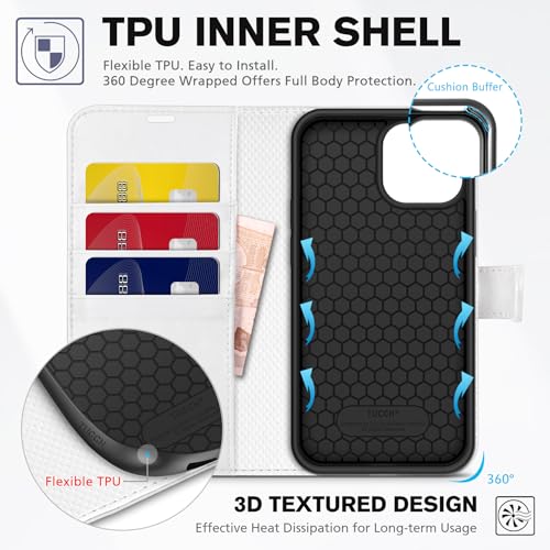 Image of TUCCH Case Wallet for iPhone 13 (6.1 inch) 2021, RFID Blocking Folio, White | 3 Card Holders, Kickstand, PU Leather, Magnetic Closure, Shockproof TPU Shell, Protective Flip Cover