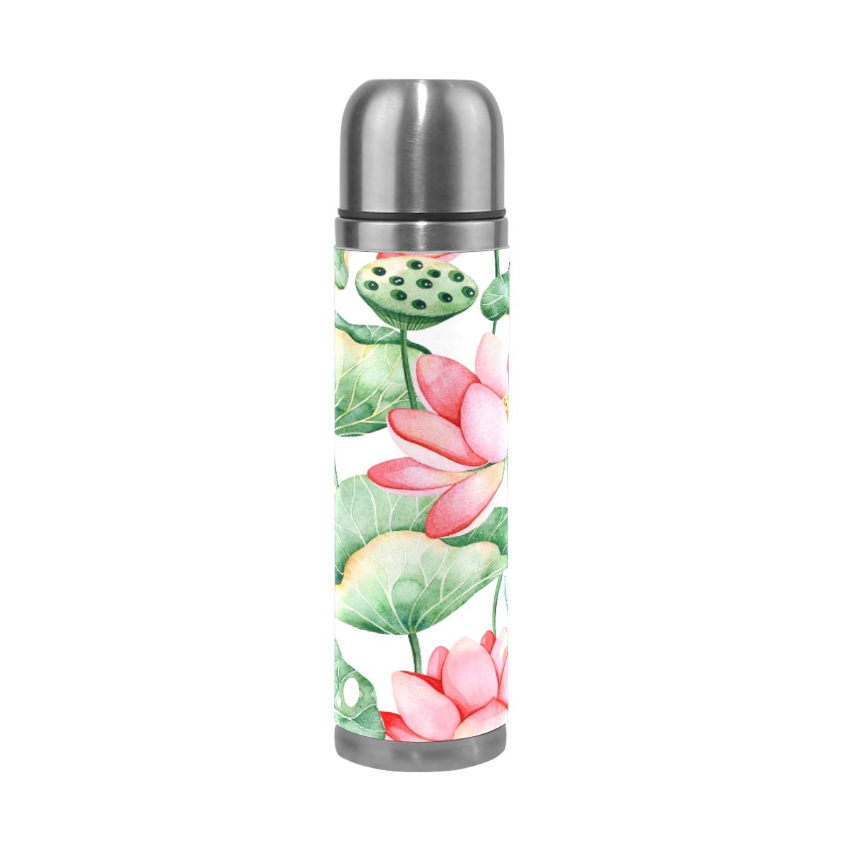Taza de viaje aislada al vacío de acero inoxidable con doble pared a prueba de fugas, botella de Dragonflie, acuarela Lotus personalizada impresa en piel auténtica, termo de 500 ml