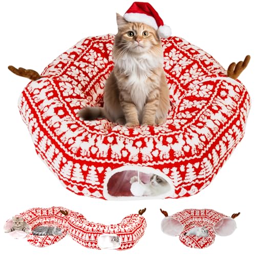 Cat Tunnels for Indoor Cats Cat Tunnel Bed with Central Soft Mat and 2 Dangling Balls Two-Entry Peekaboo and Antlers Christmas Tree Skirt for Cats Rabbits and Puppies