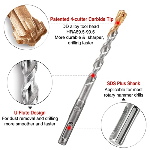 Shall 10-Piece Sds Plus Bits, 7 Rotary Hammer Drill Bits, Wide Flat Chisel, Gouge Chisel & Point Chisel, 4-Cutter Carbide Tips, For Concrete, Brick, Stone, Masonry, Roll Up Storage Pouch Included #TOP1