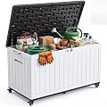 YITAHOME 90 Gallon Outdoor Storage Box with 6 Swivel Wheels & Dual Wooden Handles, Large Double-Wall Resin Deck Box, Lockable Waterproof Patio Organizer for Furniture, Cushions, White & Black