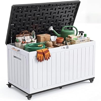 YITAHOME 90 Gallon Outdoor Storage Box with 6 Swivel Wheels & Dual Wooden Handles, Large Double-Wall Resin Deck Box, Lockable Waterproof Patio Organizer for Furniture, Cushions, White & Black