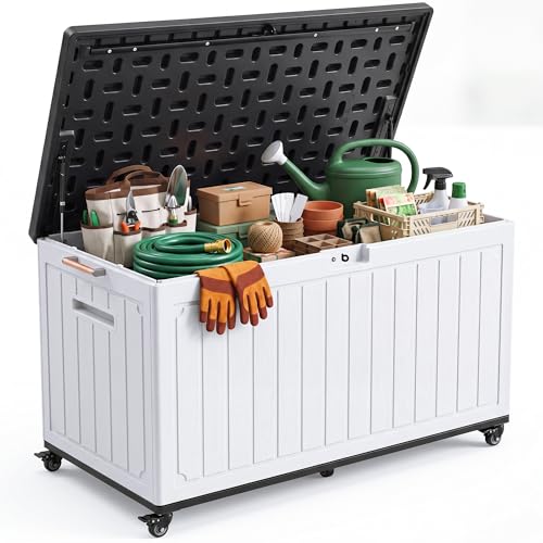 YITAHOME 90 Gallon Outdoor Storage Box with 6 Swivel Wheels & Dual Wooden Handles Large Double-Wall Resin Deck Box Lockable Waterproof Patio Organizer for Furniture Cushions White & Black