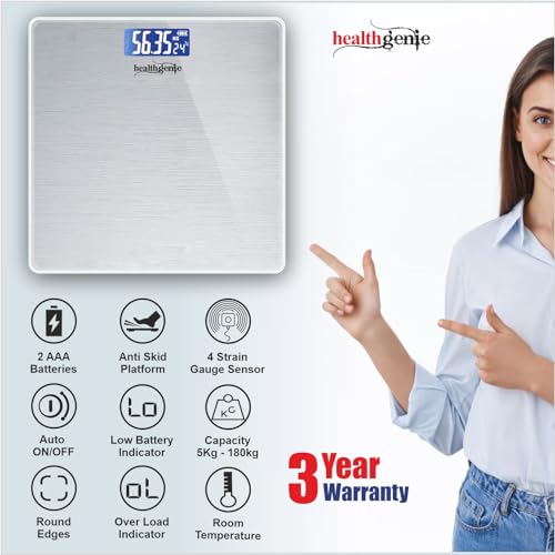 Image of Healthgenie Weight Machine for Body Weight With 3 Yrs Warranty & Thick Tempered Glass LCD Display Digital Weighing Machine (Brushed Metallic) HD-221