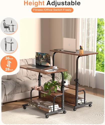 Image of QZMDSM Portable Rolling Desk on Wheels Small Standing Desk Adjustable Height Desks with Wheels for Small Spaces, 32 inch Computer Desk with Storage Shelves for Home Office Study Rustic