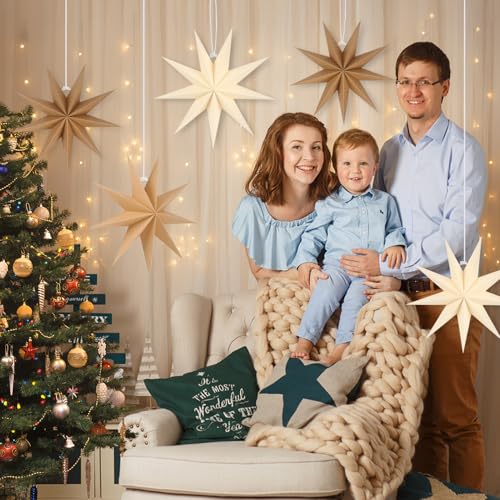 Image of 12 Inches 5 PCS Natural Paper Star Lanterns Christmas Party Decorations Hanging Stars Christmas Party Decorations Wedding Birthday Christmas Home Party Decorations(9 Pointed)