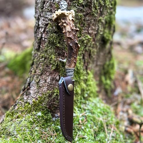 Foto von Almbock Trachtenmesser König Ludwig- handgeschmiedete Klinge aus Solingen, ausgefallenes Design, Rehkronen-Griff, versilberter Kopf, für Lederhose Jagdmesser