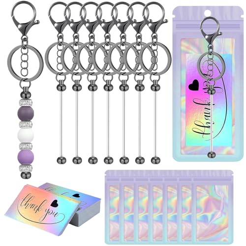 Image of 42 /84 /126 Pcs Beadable Keychain Bars Bulk Blank DIY Beaded Keychain Making Supplies with Bag Thank You Card