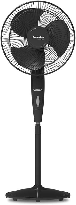 Crompton HighSpeed Torpedo 400 mm Pedestal Fan (Black) – Powerful 2100 RPM, 3-Speed Settings, Wide Oscillation, Thermal Overload Protection, 100% Copper Winding & Sturdy Base with 2-Year Warranty