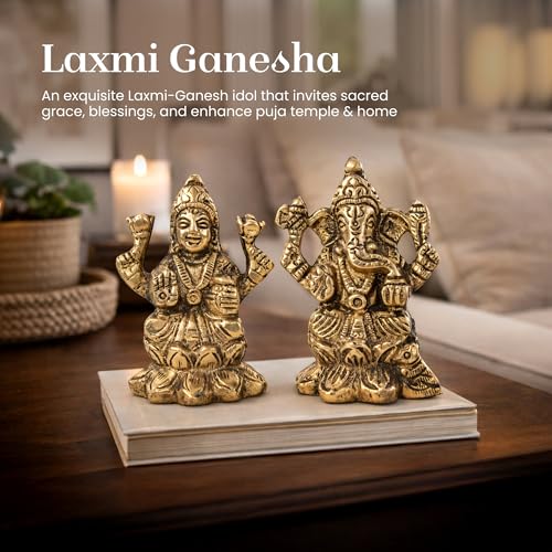 Image of Habere India-All the Cultures Fabricating India Brass Lakshmi Ganesh Idol Set for Pooja Room | Pure Brass Lakshmi Ganesh Murti for Home | Decorative Statue for Mandir (Design06: L4 x W3 x H6 cm)