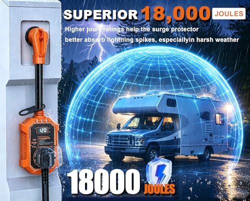 30 Amp RV Surge Protector, 𝟐𝟎𝟐𝟔 𝐍𝐄𝐖 18000J RV Circuit Analyzer with Real-Time LED Display, Voltage Monitoring IP68 RV Adapter Plug with Waterproof Cover for Camper Travel Trailer