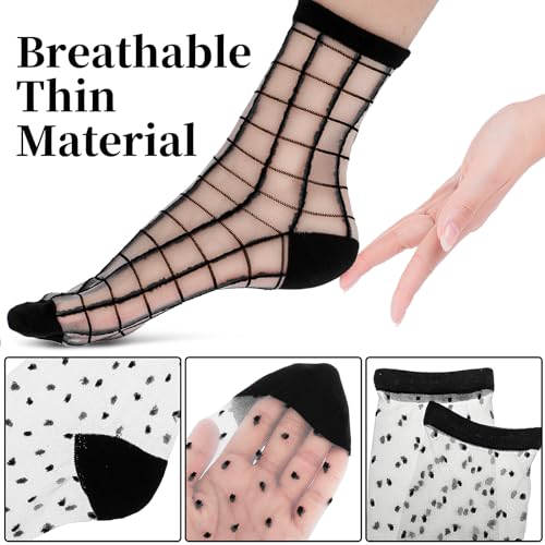 Image of Lusofie 5 Pairs Sheer Black See-Through Socks - Checkered Dot Striped Plaid Ankle Summer Socks for Women - Thin Fashion
