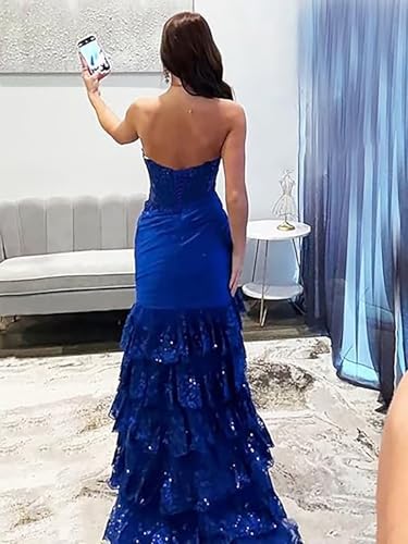 Women's Corset Strapless Prom Dress Long Tiered Sequin Lace Formal Evening Gowns with Slit2