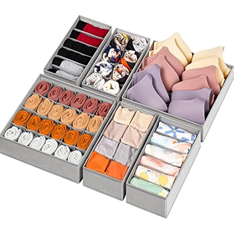 6 Pack Sock Underwear Drawer Organizer Dividers, 58 Cell Foldable Fabric Dresser Closet Organizers and Storage Bins for Clothing, Baby Clothes, Bra, Panty, Scarf, Ties (Grey) Cover