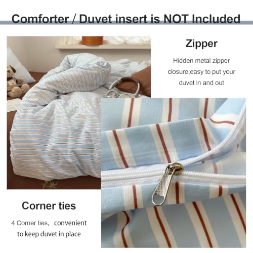 Image of EAVD Retro Striped Duvet Cover Full Light Blue&Brown Washed Microfiber | 3-Piece Vertical Striped Bedding Set, Soft Breathable, 1 Duvet Cover with 2 Pillowcases, Fresh Aesthetic, Zipper Corner Ties