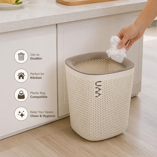 Image of Kriva Plastic Square Open Top Trash Can | 12L Garbage Container Wastebasket | Large Capacity Hollow Dustbin for Bathroom, Kitchen, Office, Laundry, Kids & Dorm (White)