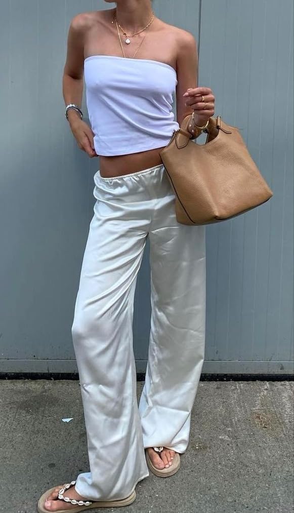 UAURORAO Satin Pants for Women Dressy Silk Wide Leg Lounge Pants Elastic Drawstring Casual Long Flowy Trousers - Image 4