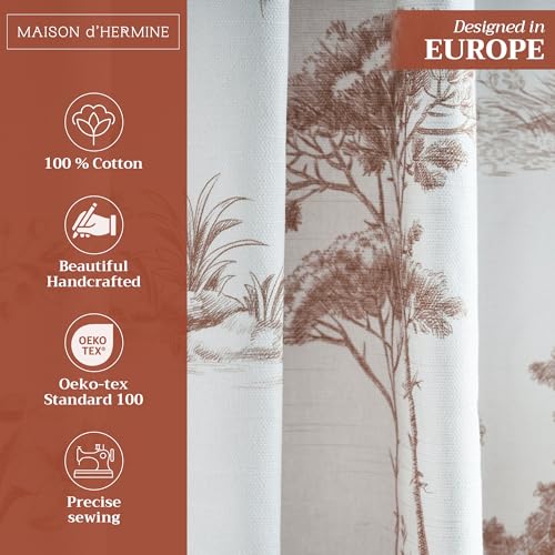 Image of Maison d' Hermine Curtains for Living Room 100% Cotton 50 inchx96 inch (Pack of 1) | 96 inches long Light Filtering Toile Curtains for Windows with Rod and Loop Pockets - Trianon - Brown