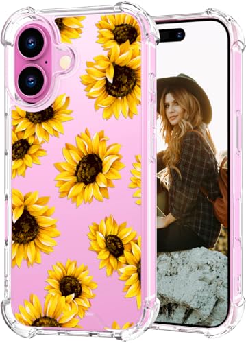 Coque iPhone 16 Plus transparente antichoc motif fleur tournesol jaune mignon pour fille