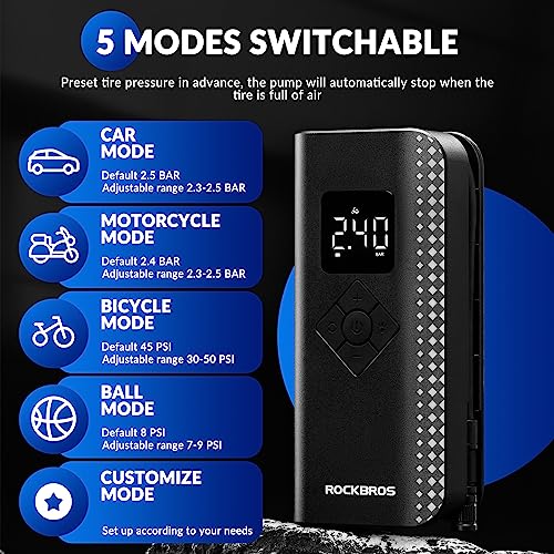 ROCKBROS Air Pump Electric Bicycle Pump Mini Compressor 7-150PSI 2000mAh 5 Modes Portable Compatible Tire Pump with Digital Display LED Light Presta & Schrader for Motorcycles Bikes - Image 4
