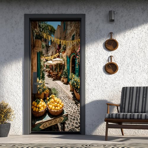 Méditerranéenne Sticker Porte Trompe L'oeil Ruelle Italienne Stickers de Porte 80x200 cm, Bâtiments Coloré Poster de Porte Auto-AdhéSif Imperméabl...