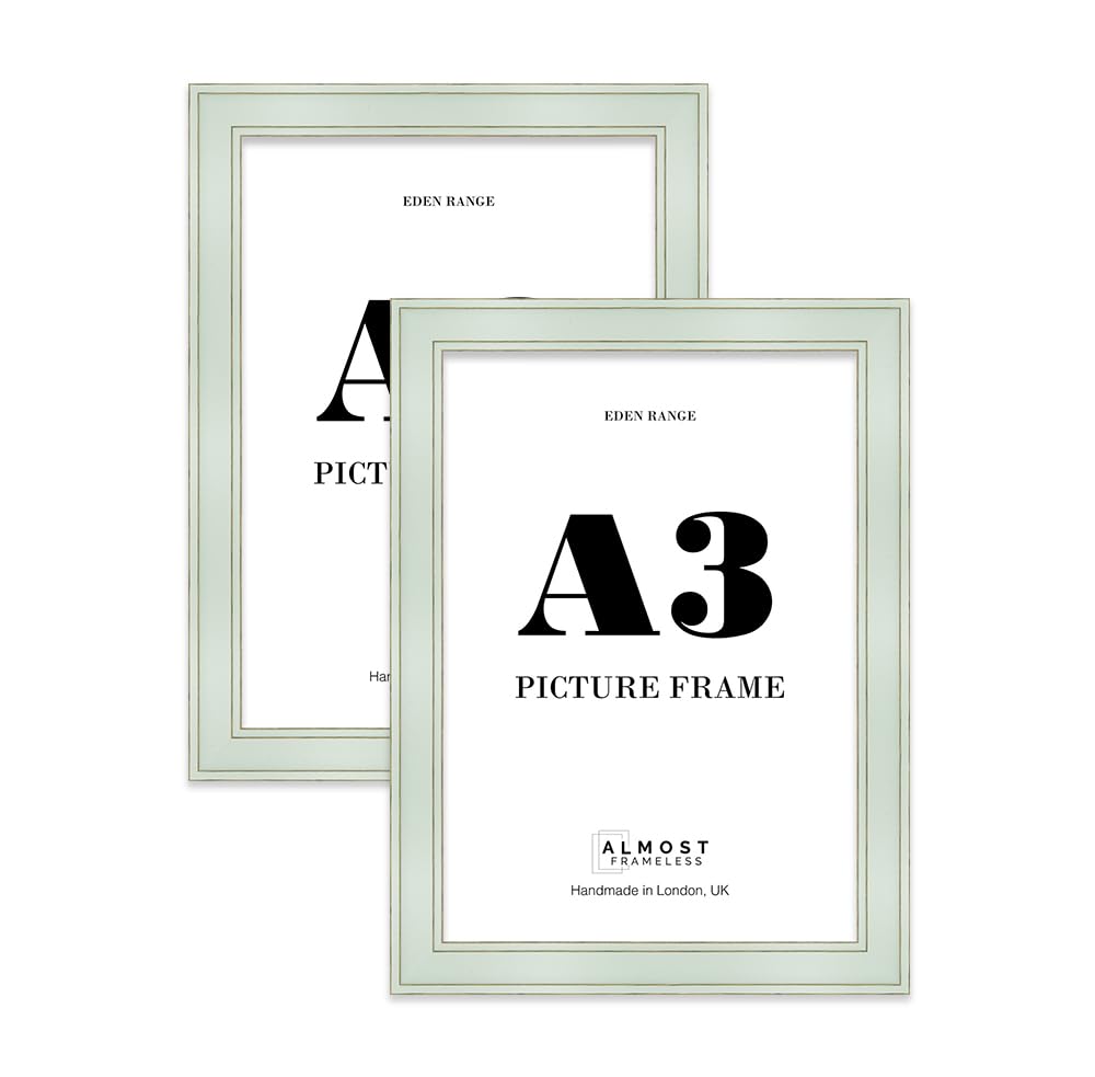 A3 Sage Green Picture Frame - Shabby Chic Photo Frame with Distressed Finish, Gold Trim, Wall Hooks, 37mm Edge - 2 Pack