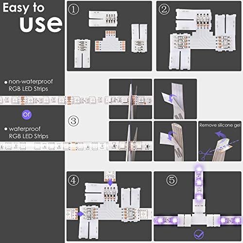 JACKYLED LED Strip Connector 4 Pins 10PCS T Shape, 10mm RGB Quick Splitter Corner Connector Solderless Gapless Adapter Clip for RGB SMD 5050/3528 Multicolor LED Strip Light Connectors
