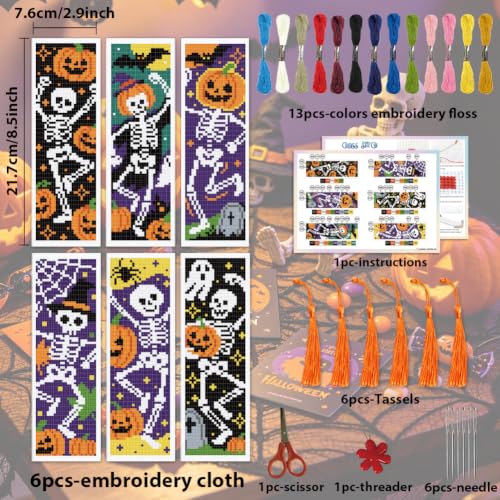 Image of ACRNIGHEET 6PCS Cross Stitch Bookmark Kit (Halloween Skeleton Pattern)