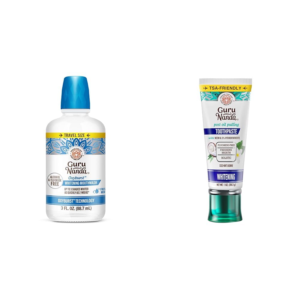 GuruNanda Oxyburst Teeth Whitening Mouthwash Alcohol & Fluoride-Free Hydrogen Peroxide 7 Essential Oils & Travel Toothpaste with Hydroxyapatite Fluoride-Free SLS-Free TSA-Friendly CocoMint 1 oz