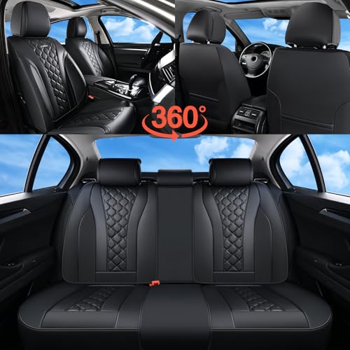 Image of Coverado Leather Seat Covers, Car Seat Covers Full Set, Perforated Diamond Leather Car Seat Cover, Waterproof Car Seat Protector Seat Cushion, Universal 5 Seats Black Seat Cover Fit for Most Cars