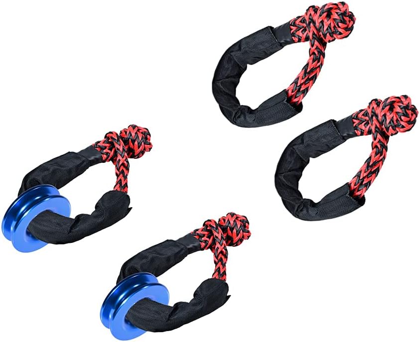 for SUV ATV UTV 3/8" 1/2" Winch Ropes 4X Red Black Synthetic Soft Shackle Rope WLL 15000lbs Breaking Strength 38000lbs + 2X Blue Snatch Aluminum Recovery Ring