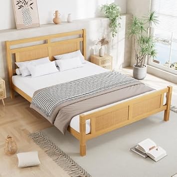 Merax Double Wooden Bed Frame 135 x 190 cm, Pine Wood Bed with Rattan Effect Headboard, 4FT6 Double Bed for Adults & Teenagers, Sturdy Wooden Bed Frame with Plywood Slats, Natural Wood Finish