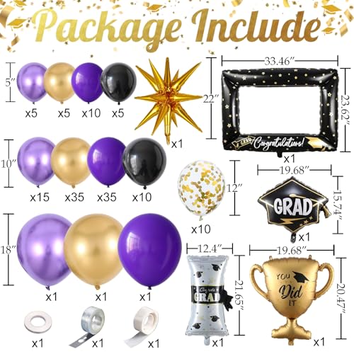 Image of 141Pcs Purple Gold Black Graduation Balloon Garland Arch Kit,with Explosion Star,Diploma,Trophy,Grad Hat,Photo Frame Foil Balloon for Congrats Class of 2026 Graduates Celebration Party Decoration