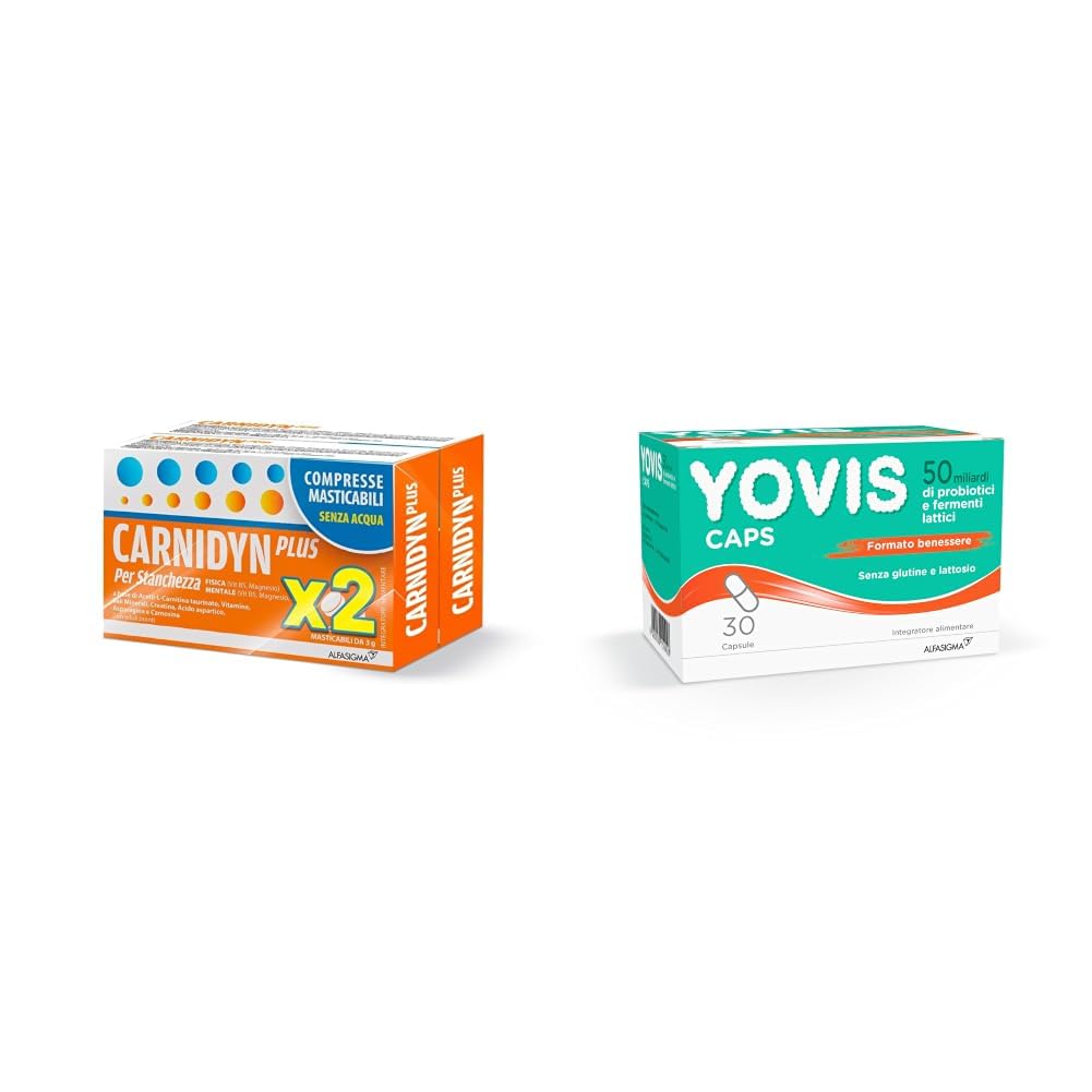 Carnidyn Plus, 36 compresse + Yovis Caps, Probiotici per il Benessere Intestinale, 50 Miliardi di Fermenti Lattici Vivi, Senza Glutine e Lattosio, 30 Capsule Deglutibili