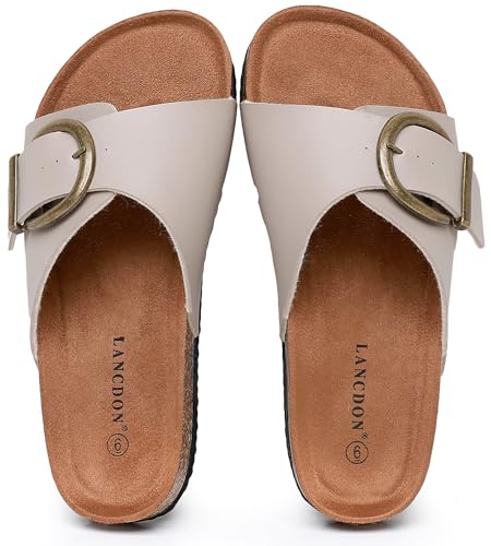 Image of Sandals Women Wide Width, Cork Footbed Arch Support Summer Beach Slide Sandals, Adjustable Strap for Wide Feet