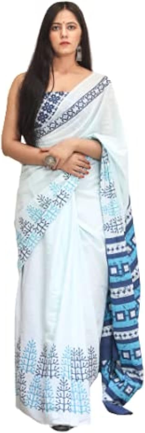 Kiaaron Women's Ikat Hand Block Print Jaipuri Cotton Mulmul Saree with Blouse Piece