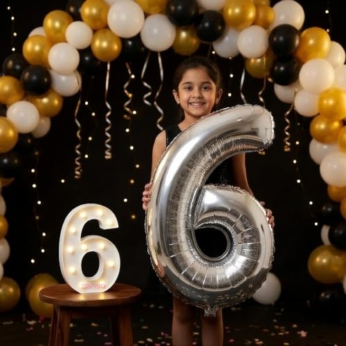 Image of Balloonistics Silver 40-Inch Foil Number 6 Balloon with Matching LED Marquee Light - Combo Set for 6th Birthday, Anniversary, Party Decoration, Photo Booth Backdrop