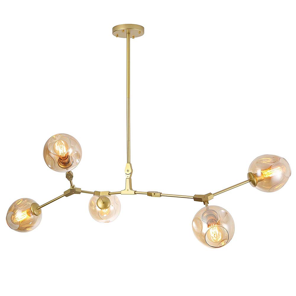 KXEcoLife Foldable Chandelier Mid Century Antique Brass E27 Branches Chandeliers Ceiling Light Fixtures,Sputnik Modern Bubble Glass Pendant Light-Amber Lampshade 5 Head