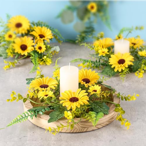 Image of 6Pcs Sunflower Wreath for Front Door Artificial Sunflower Spring Summer Table Centerpieces Wreath Fake Yellow Floral Candle Rings Wreaths for Pillars Cabinets Wedding Table Home Decor