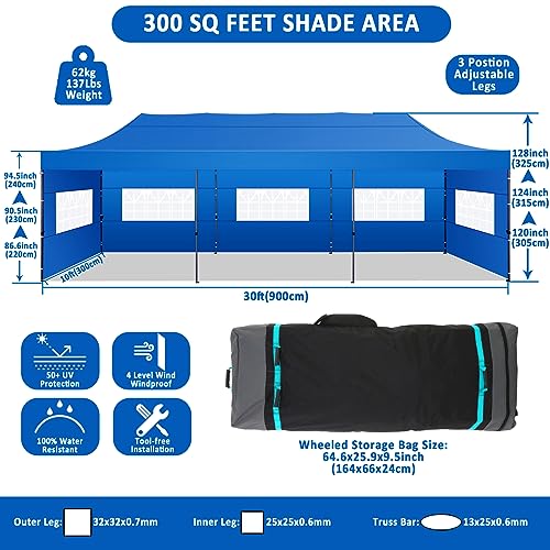 Image of COBIZI 10x30 Pop Up Canopy Tent,Heavy Duty Canopy(Blue with 8 Sidewalls)