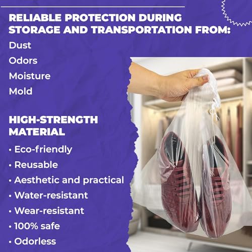 Clear Drawstring Travel Bag for Shoes. Waterproof Dust Bags for Shoes with Double Cotton Drawstrings. 2 mil PE Plastic Drawstring Bags for Packing, Storage3