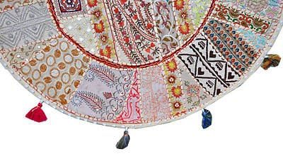 Beautifull Round Floor Pillow Cushion Bohemian Patchwork Pouf Ottoman Vintage Indian Foot Stool Bean Bag Floor Pillow Cover Home Decor, Living Room Ottoman, Bohemain Pillows 18 Inch (White)